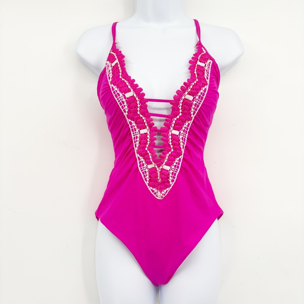 BECCA Womens Hot Pink Crochet Lace Plunge Boho Barbiecore One Piece Swimsuit S